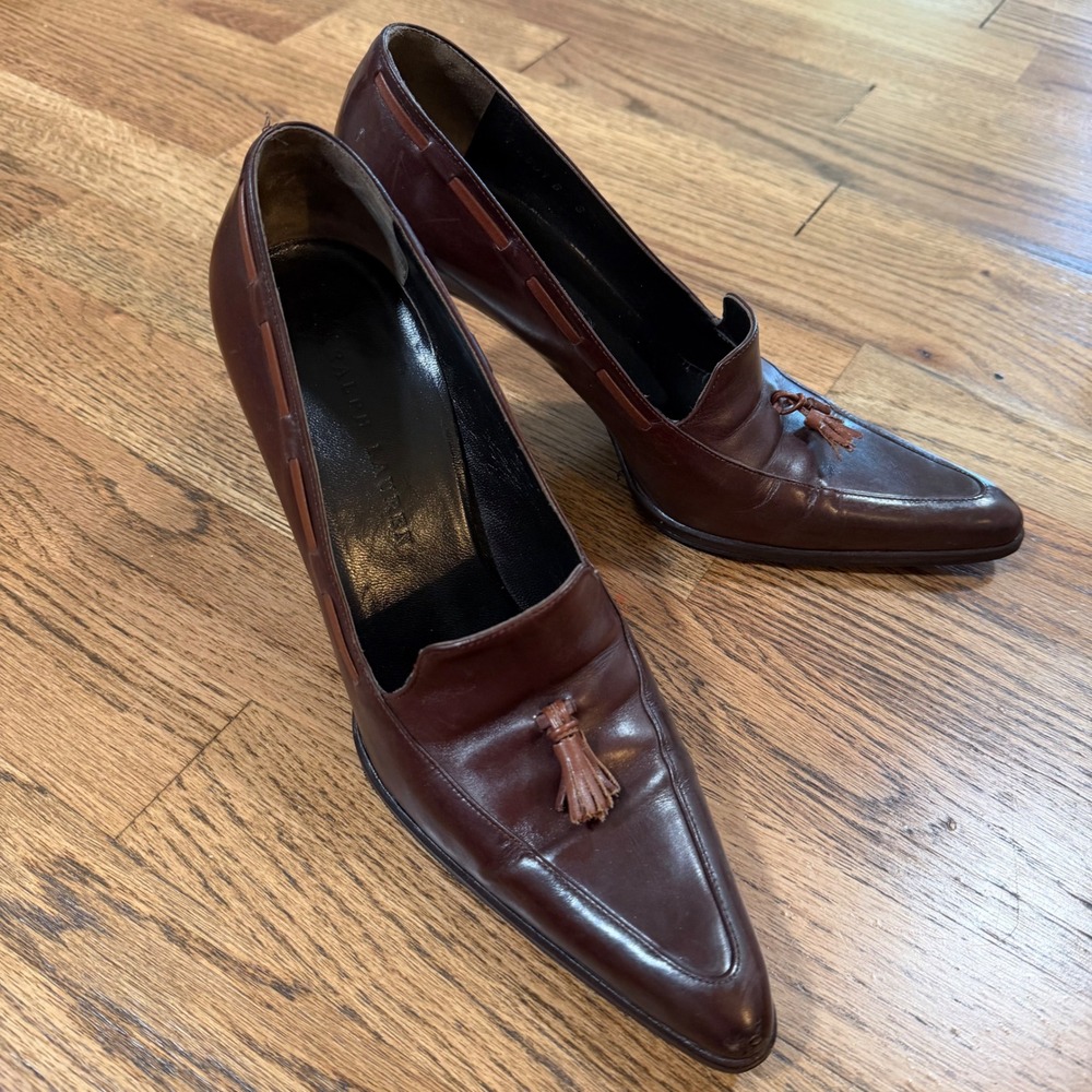 Ralph Lauren Brown Leather Tassel Loafer Heels Size 8 Stiletto Pumps Vintage